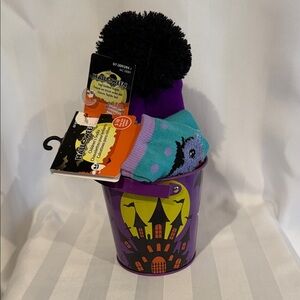 Halloween Lot - Purple Spider Toque / Hat with Lights, Tin Bucket, Socks Kids